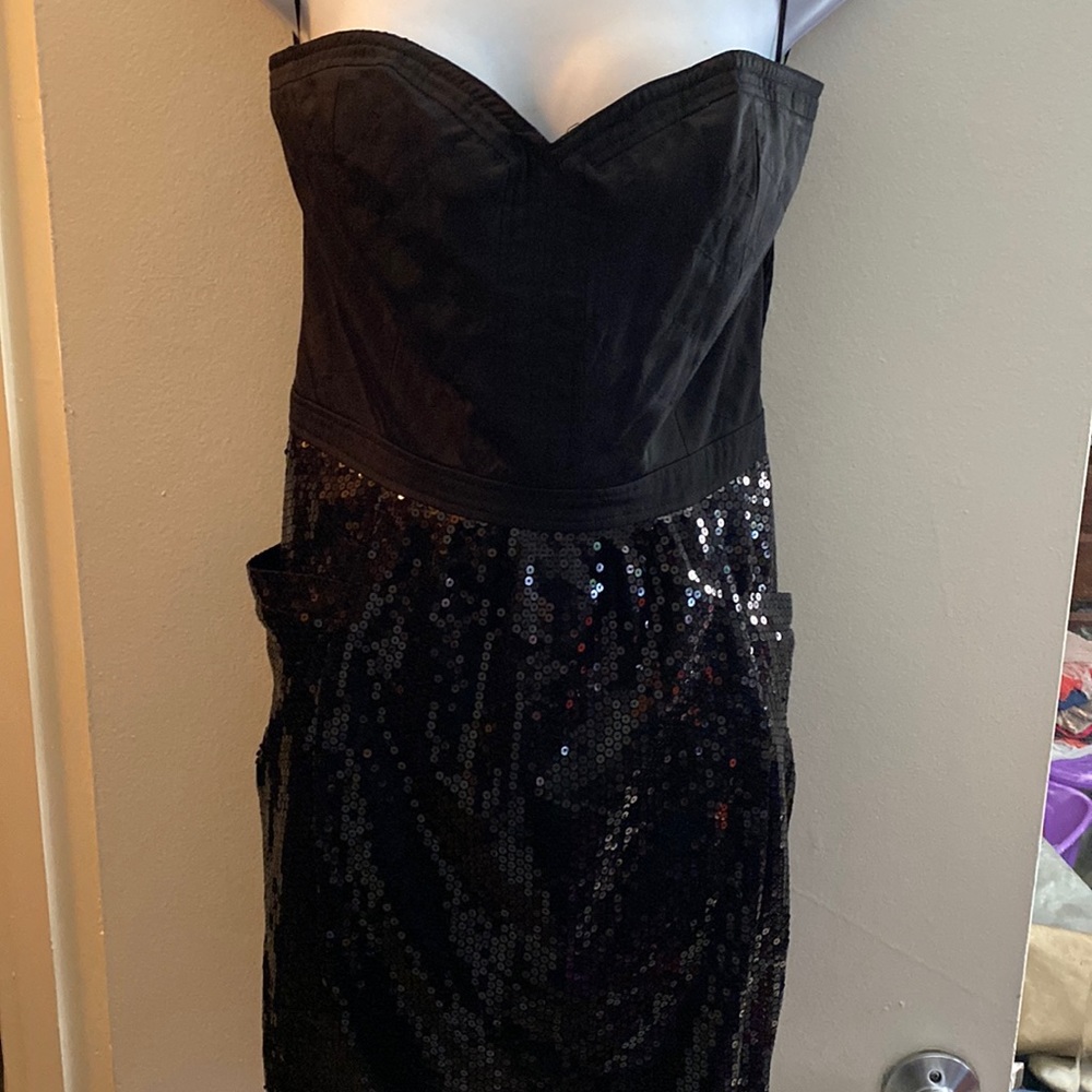 Black beaded strapless party dress with pockets